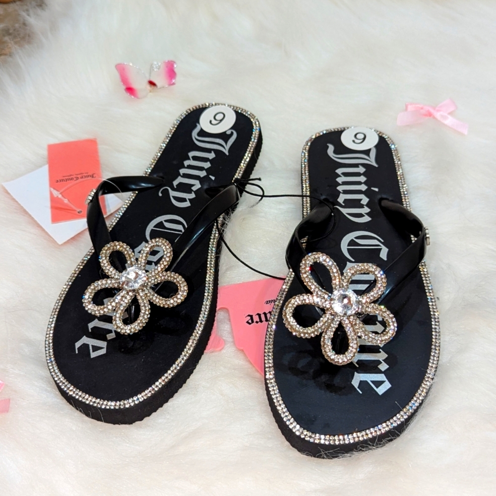 Juicy Couture Black and Bling Soledad flip flops